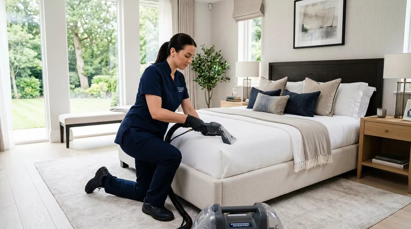 Technician using an upholstery extraction tool on a white mattress