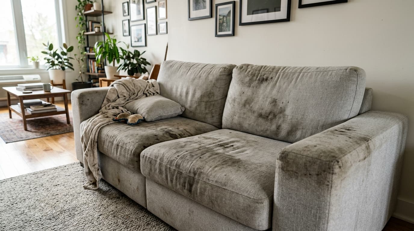 Technician inspecting a dirty sofa