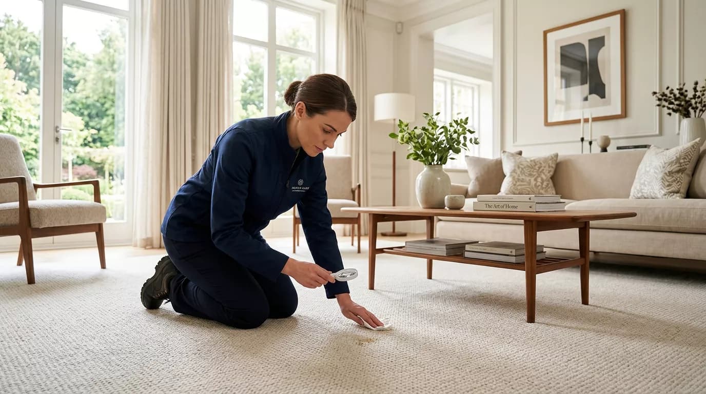 Technician spot-cleaning a dark stain on light carpet