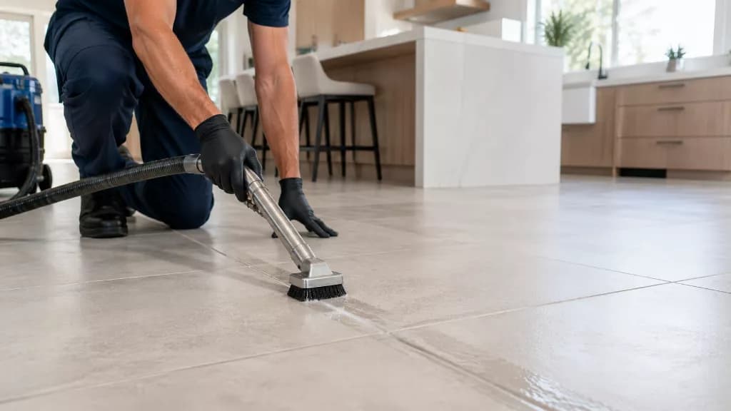 Tile and grout cleaning tool in action